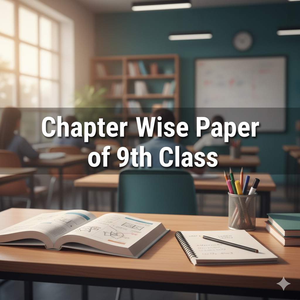 A modern educational background showing open textbooks, a notebook, and a pencil on a wooden study desk. Soft natural light coming from a window, with blurred classroom or study atmosphere in the background. Large bold text in the center reads “Chapter Wise Paper of 9th Class” in stylish, clean typography. The design should look professional, suitable for an educational website banner or article cover.